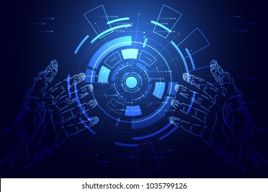 abstract technology circle digital consist: hands hi tech blue future on hi tech dark blue futuristic background 