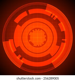 abstract technology circles and grid on red background (vector)