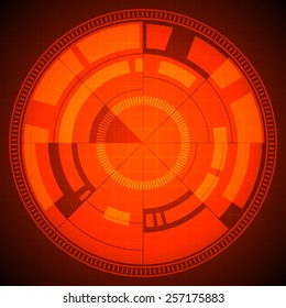 abstract technology circles and grid on red background (vector)