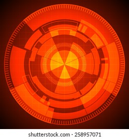 abstract technology circles and grid on red background (vector)