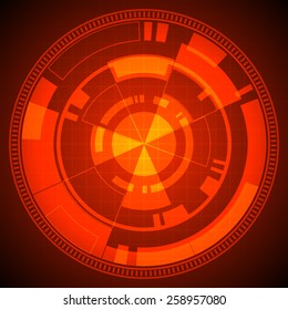 abstract technology circles and grid on red background (vector)