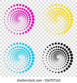 Abstract technology circles sign. CMYK icons on transparent background. Cyan, magenta, yellow, key, black.