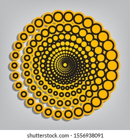 Abstract technology circles sign. Flat orange icon with overlapping linear black icon with gray shadow at whitish background. Illustration.