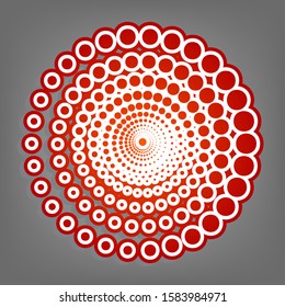 Abstract technology circles sign. Flat red icon with linear white icon with gray shadow at grayish background. Illustration.