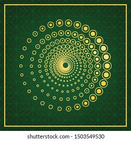 Abstract technology circles sign. Golden icon with gold contour at dark green gridded white background. Illustration.
