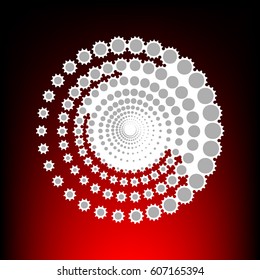 Abstract technology circles sign. Postage stamp or old photo style on red-black gradient background.
