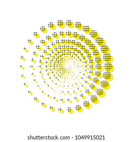 Abstract technology circles sign. Vector. Yellow icon with square pattern duplicate at white background. Isolated.
