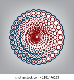 Abstract technology circles sign. Vector. Dark red, transparent and midnight green stroke of white icon at grayish background.