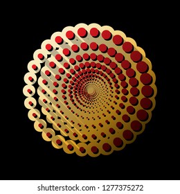 Abstract technology circles sign. Vector. Red icon with small black and limitless shadows at golden sticker on black background.