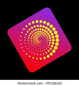 Abstract technology circles sign. Vector. Yellow icon at violet-red gradient square with rounded corners rotated for dynamics on black background.