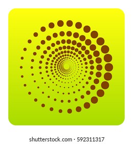 Abstract technology circles sign. Vector. Brown icon at green-yellow gradient square with rounded corners on white background. Isolated.
