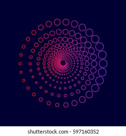 Abstract technology circles sign. Vector. Line icon with gradient from red to violet colors on dark blue background.