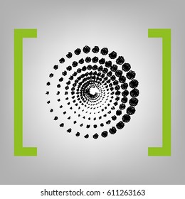 Abstract technology circles sign. Vector. Black scribble icon in citron brackets on grayish background.