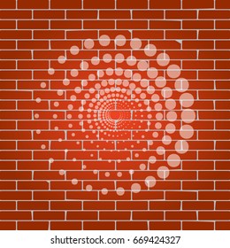 Abstract technology circles sign. Vector. Whitish icon on brick wall as background.