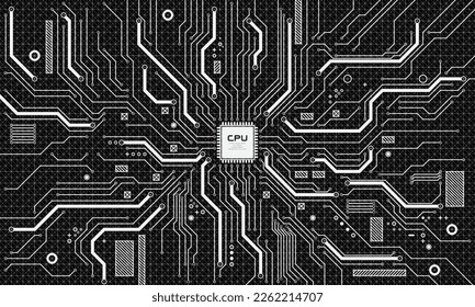 Resumen del fondo de la placa del circuito de la tecnología. Código de procesador de chip futurista sobre fondo de tecnología negra, ilustración vectorial