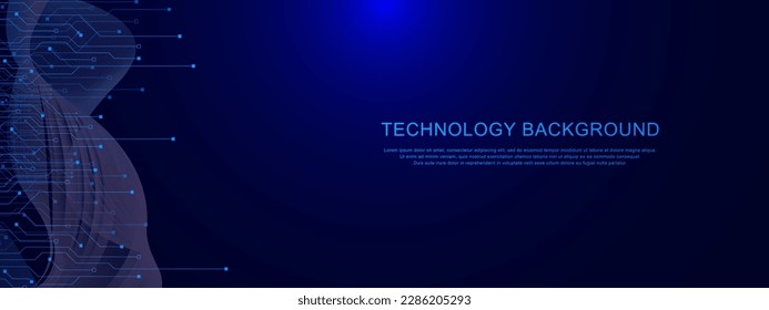 Abstract technology circuit board background with wave flow. Computer electronic, motherboard, futuristic, science and digital data connecting system backdrop design concept. Vector illustration.