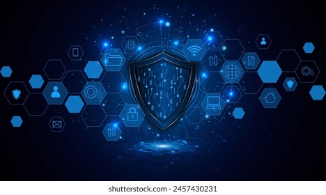 Abstract technology circuit board background with shield symbols concept of data protection and cyber privacy. modern security technology innovation concept background