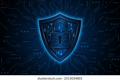 Abstract technology circuit board background. Cyber ​​security concept with shield symbol and lock. Data protection and cyber privacy. modern security technology innovation concept background	