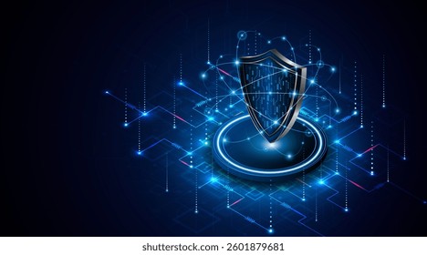 Abstract technology circuit board background with shield symbols concept of data protection and cyber privacy. modern security technology innovation concept background	