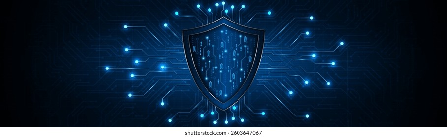 Abstract technology circuit board background with shield symbols concept of data protection and cyber privacy. modern security technology innovation concept background	
