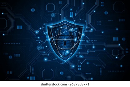 Abstract technology circuit board background. Cyber ​​security concept with shield symbol and lock. Data protection and cyber privacy. modern security technology innovation concept background	