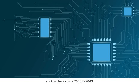 Fundo de placa de circuito de tecnologia abstrata com linhas azuis brilhantes e microchips ideais para temas tecnológicos