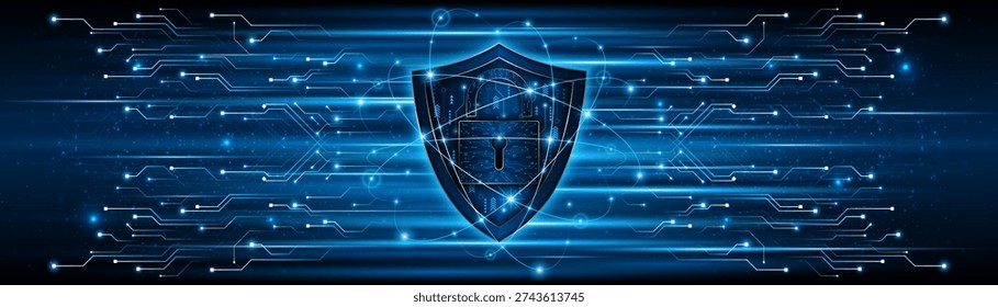 Abstract technology circuit board background. Cyber ​​security concept with shield symbol and lock. Data protection and cyber privacy. modern security technology innovation concept background