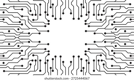 Borda abstrata da placa de circuito da tecnologia. Moderna textura de chip eletrônico com linhas de conexão e pontos. Design de engenharia elétrica com padrão de microchip. Rede de dados digitais ou elemento de hardware de computador. Conceito de layout do processador da CPU. Ciência e inovação.