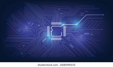 Abstract technology circuit board connected blue lines with Computer motherboard with a chip.