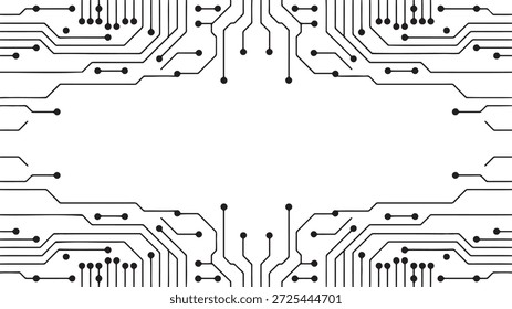 Quadro de placa de circuito de tecnologia abstrata. Moderna borda de chip eletrônico com linhas de conexão e pontos. Design de engenharia elétrica com padrão de microchip. Rede de dados digitais ou elemento de hardware de computador. Conceito de layout do processador da CPU. Ciência e inovação com espaço de cópia.