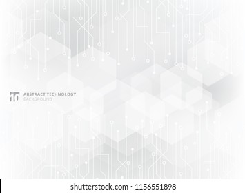 Abstract Technology Circuit Board On Gray Geometric Hexagon Overlay Pattern Background. Vector Illustration