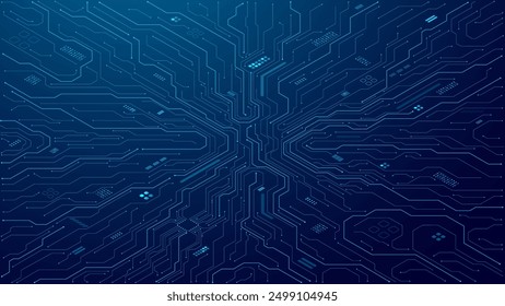 Abstract technology circuit board on blue background. Digital isometric tech bg. Computer circuit motherboard. Data and electronics concept. Vector illustration. Futuristic processor background.