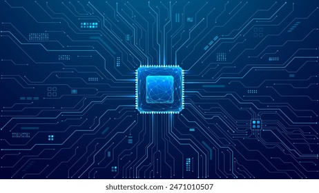 Abstract technology circuit board and processor. AI chip or CPU semiconductor. Tech background with circuit thin lines. Digital bg. Light blue neon microchip. Vector illustration of a motherboard.