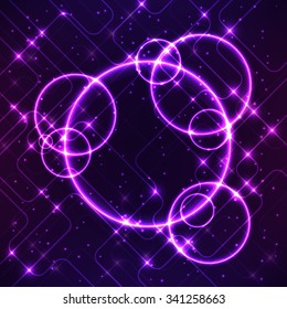 Abstract technology circuit design with bright glowing circles (rings). Vector illustration