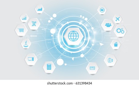 Abstract technology circuit diagram vector background with business icons.