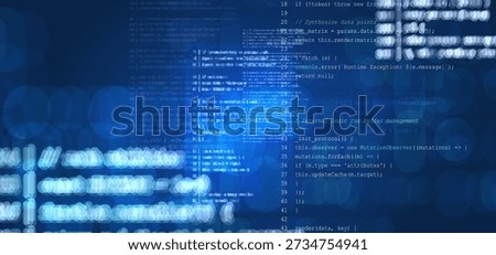Abstract technology code background with digital screens, data flow and programming scripts. Futuristic software development, cybersecurity, AI, network and web interface concept in blue light.