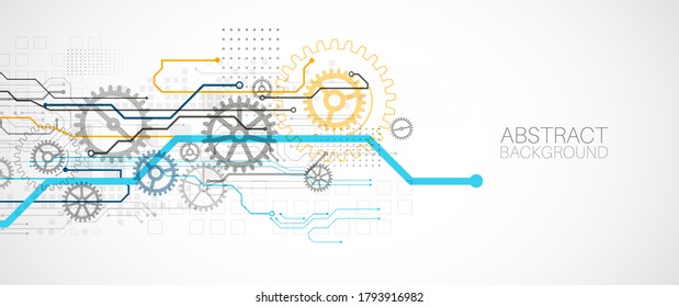 Abstract technology cogwheel concept. Circuit board, high computer color background. Vector illustration with space for content, web - template, business tech presentation.