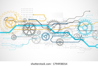 Abstract technology cogwheel concept. Circuit board, high computer color background. Vector illustration with space for content, web - template, business tech presentation.