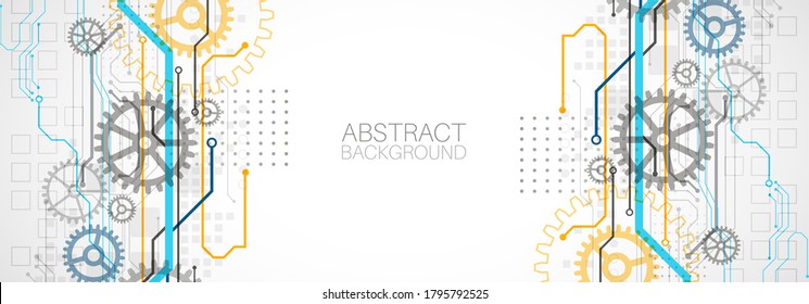 Abstract technology cogwheel concept. Circuit board, high computer color background. Vector illustration with space for content, web - template, business tech presentation.