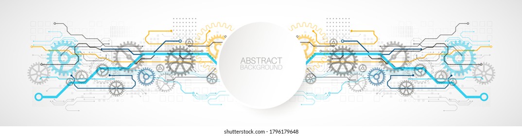 Abstract technology cogwheel concept. Circuit board, high computer color background. Vector illustration with space for content, web - template, business tech presentation.