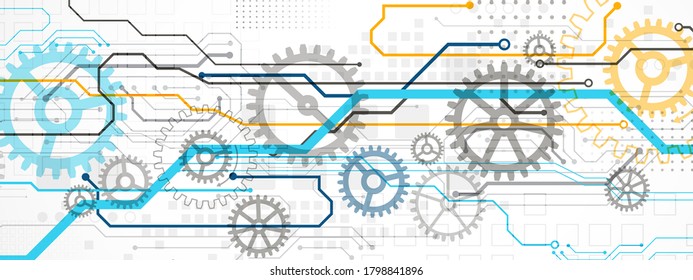Abstract technology cogwheel concept. Circuit board, high computer color background. Vector illustration with space for content, web - template, business tech presentation.
