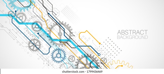 Abstract Technology Cogwheel Concept. Circuit Board, High Computer Color Background. Vector Illustration With Space For Content, Web - Template, Business Tech Presentation.