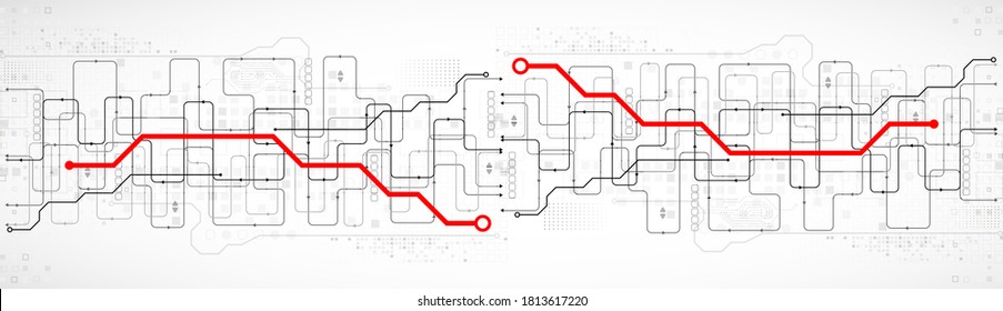 Abstract technology cogwheel concept. Circuit board, high computer color background. Vector illustration with space for content, web - template, business tech presentation.