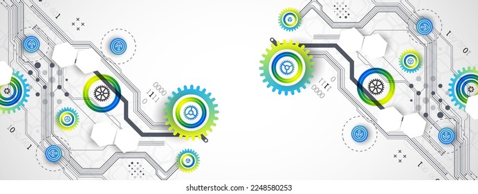 Abstract technology cogwheel concept. Circuit board, high computer color background. Vector illustration with space for content, web - template, business tech presentation.