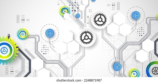 Abstract technology cogwheel concept. Circuit board, high computer color background. Vector illustration with space for content, web - template, business tech presentation.