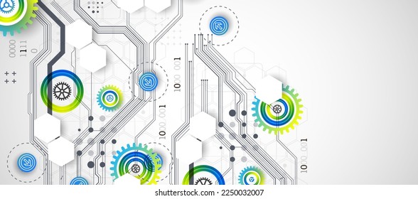 Abstract technology cogwheel concept. Circuit board, high computer color background. Vector illustration with space for content, web - template, business tech presentation.
