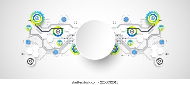 Abstract technology cogwheel concept. Circuit board, high computer color background. Vector illustration with space for content, web - template, business tech presentation.