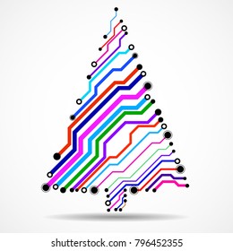 Abstract technology colorful Christmas tree, circuit board, vector illustration, eps 10