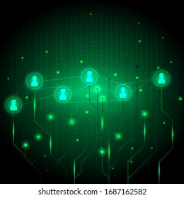 Abstract technology and communication concept vector with glowing circuit pattern, shiny human icon, green sparkle effect and binary code background.