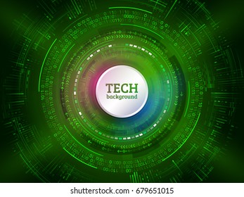 Abstract technology communication on the green background. Hi-tech radial circuit board with various technological elements. Modern vector illustration
